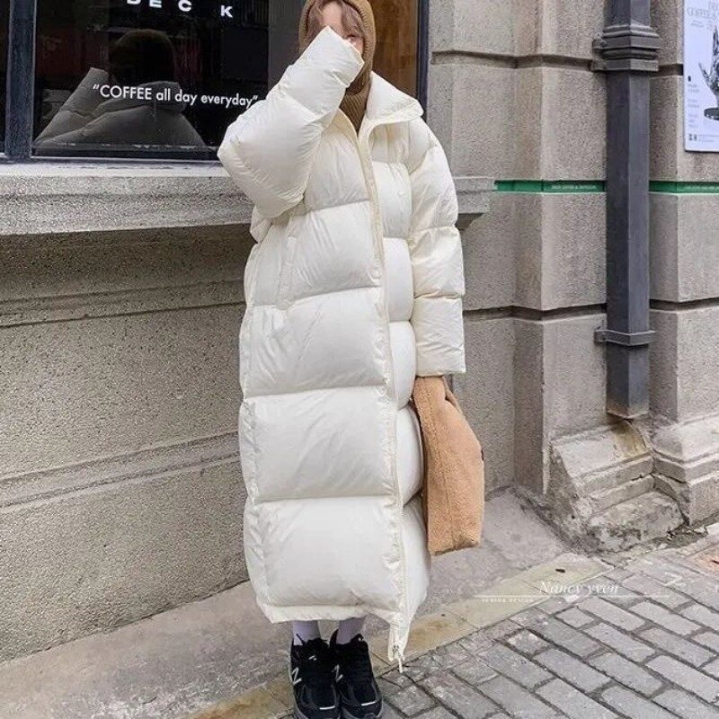 Jaket parka Panjang Bawah Panjang wanita, mantel tebal termal padat kerah berdiri tahan angin gaya Korea sederhana Chic pakaian jalanan
