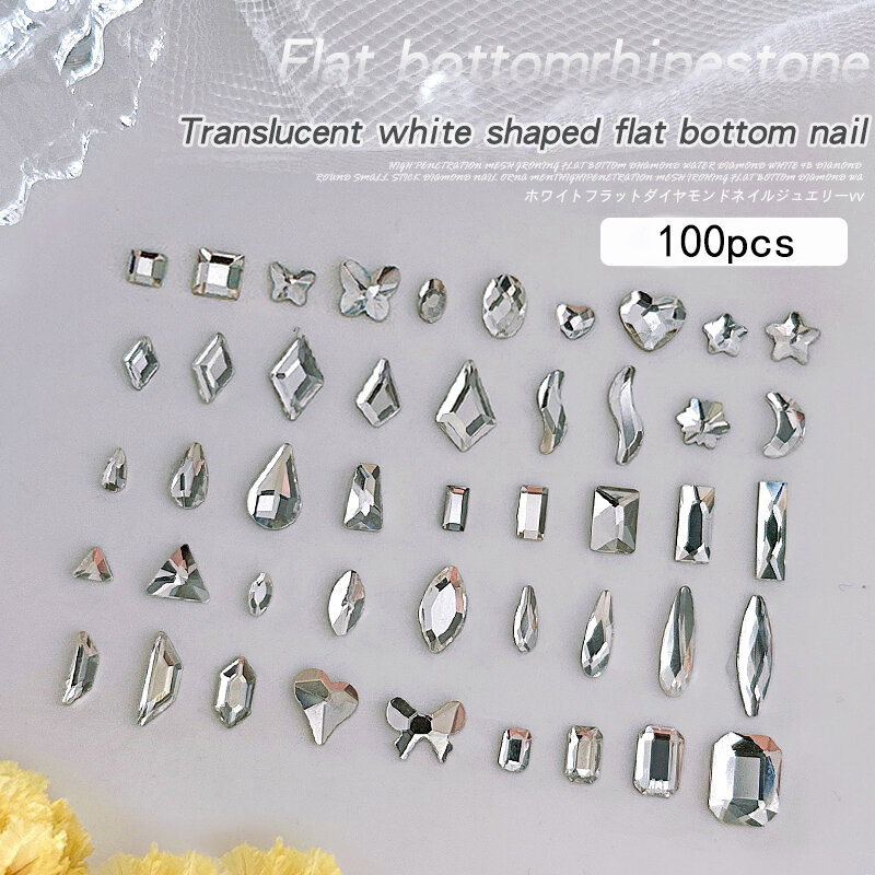 Fundo Plano Mini Cristal Branco Strass para Nail Art, Manicure 3D, DIY Pedra Decorativa, Forma Mista, Alta Qualidade, Vidro, 100Pcs
