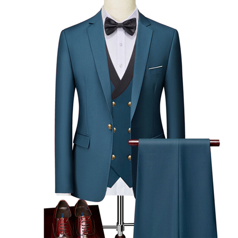 13 Color Basic Style Men Casual Solid Color 3 Pieces Suits / Male Gold Button Blazers Jacker Coat Trousers Pants Vest Waistcoat