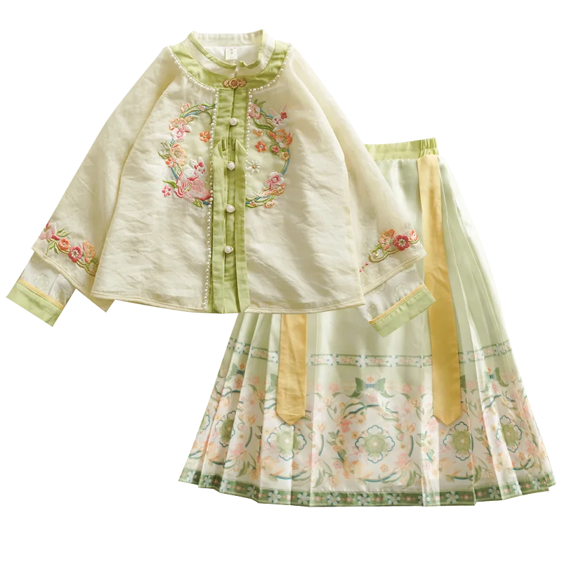 Vestido de primavera hanfu para crianças, estilo antigo bebê, feito Ming, colarinho em pé, conjunto de duas peças, menina, saia longa
