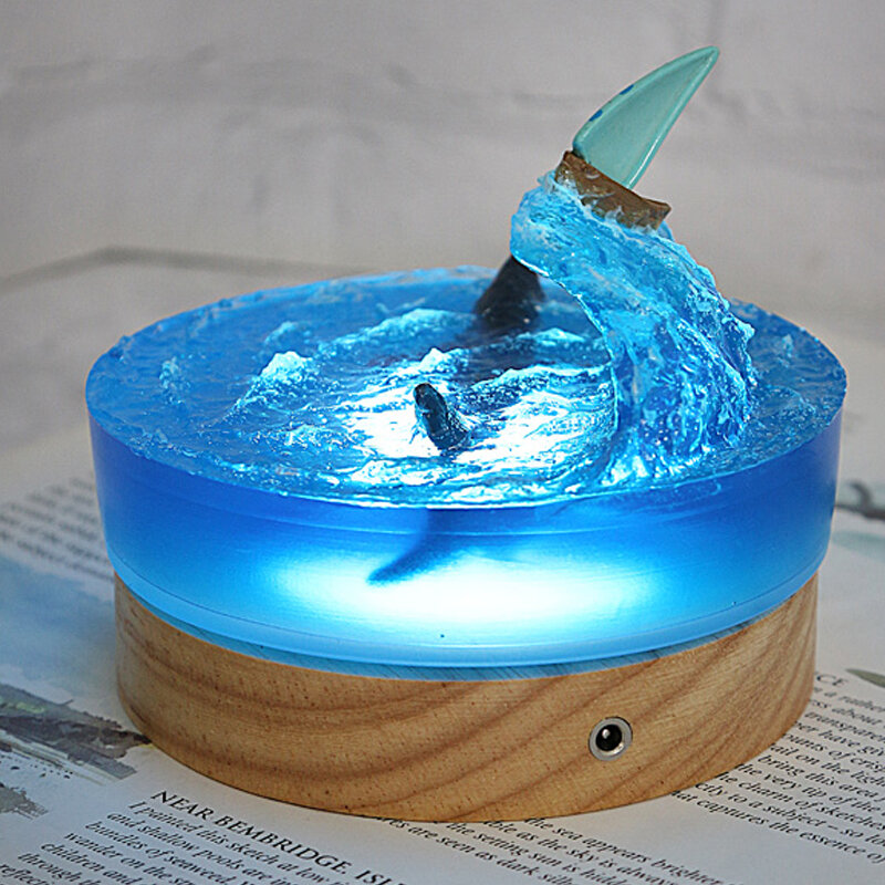 Ocean Adventure Organism Resin Table Light Creactive Art Decoration Sailboats Sea Wave Shark Lamp Theme Night Light USB Charge