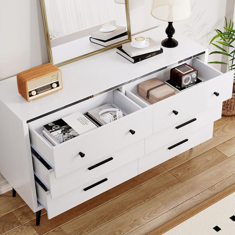 6 Drawers Dresser, Modern Wood Dresser Chest of Drawers with Metal Handle ＆ Anti-Tipping Device, Double Dresser Storage Cabinet