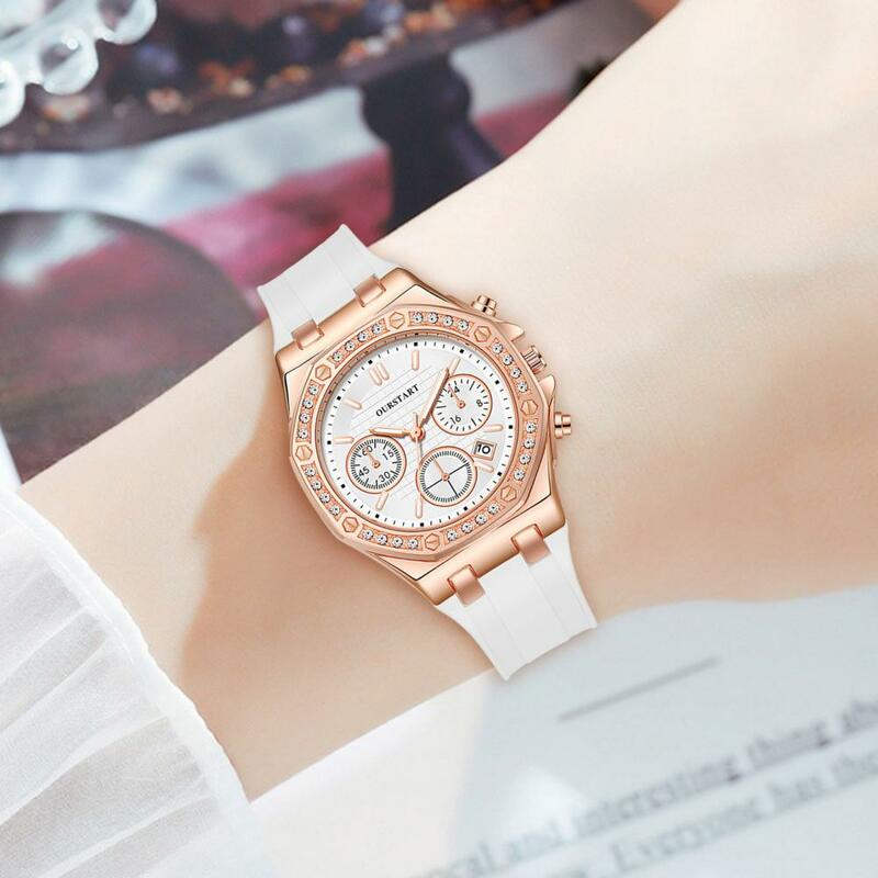 Jam tangan wanita akurasi tinggi jam tangan Quartz wanita elegan dengan kalender berlian buatan tali Aloi akurasi tinggi untuk perjalanan jam tangan