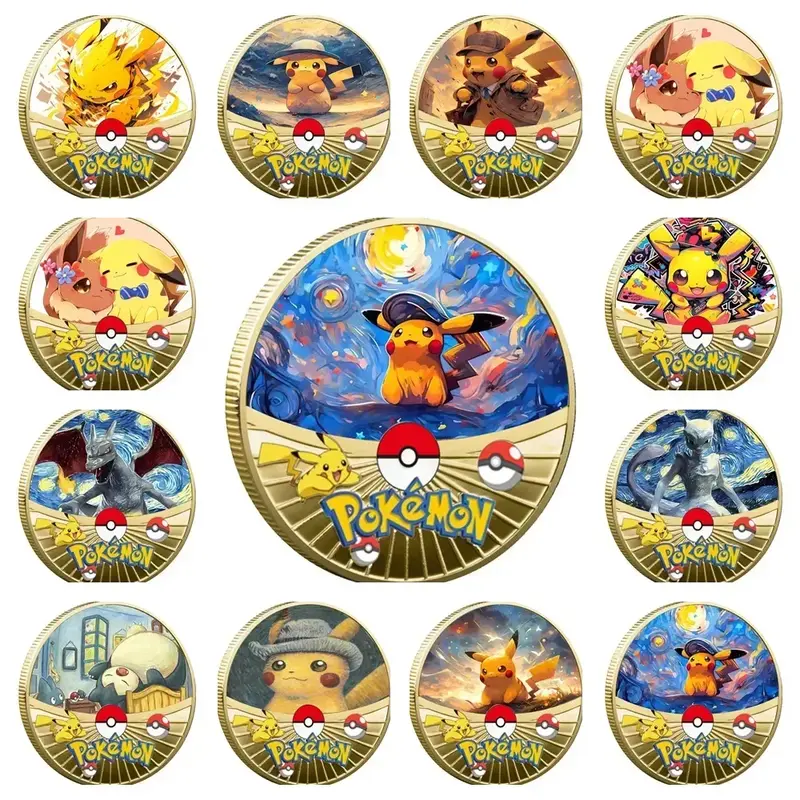 Pokemon złota moneta zestaw z metalowymi Pikachu Charizard pamiątkowy Anime dziecko Pokemon gwiaździste niebo obraz olejny moneta pamiątkowy Medal