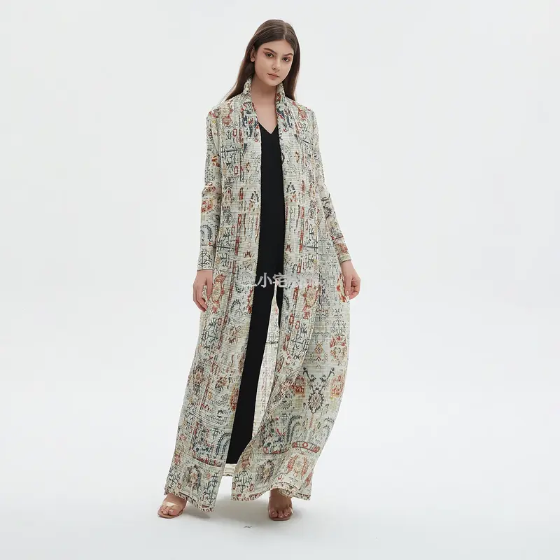 YUDX Miyake Pleated Women's Robe Nine-minute Sleeve Vintage Printed Cardigan Loose Plus Size Long Arabic Trench 2024 Summer New