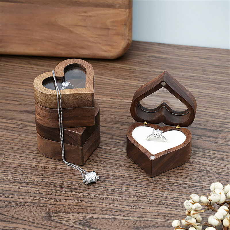 2022 nuovo a forma di cuore scatola di anelli in legno di noce proposta supporto per anello di fidanzamento scatole di immagazzinaggio di gioielli custodia confezione regalo organizzatore