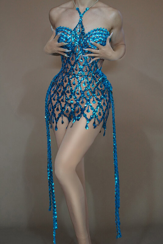 Женское платье на день рождения с кристаллами, синее сексуальное блестящее платье для выступлений и торжественных мероприятий, мини-платье для выпускного вечера, Cuiniao