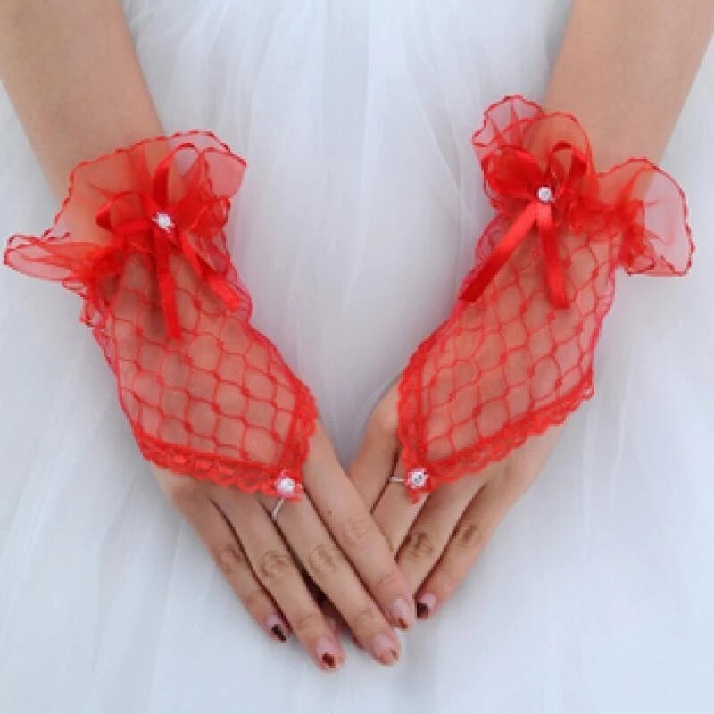 العصرية الأبيض أسود أحمر اللون العروس قفازات حفلات الأصابع مثير الدانتيل قصيرة القوس قفازات للنساء تول فستان اكسسوارات T275