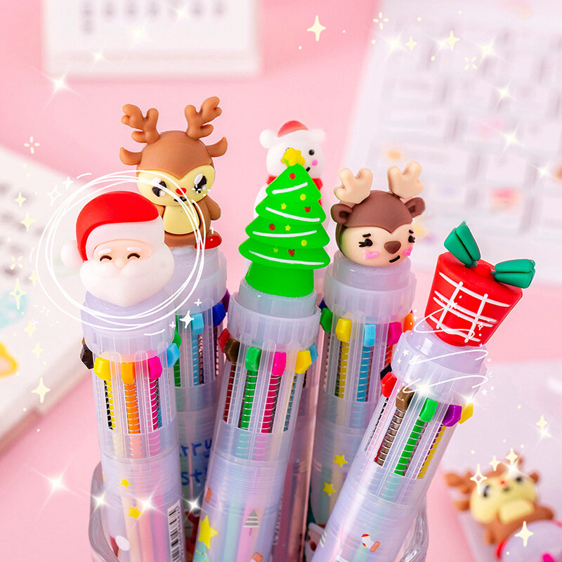 Cute Cartoon Christmas Press Ballpoint Pen Merry Christmas Ten-color Ballpoint Pen Creative Multicolor Stationery Diary pen For