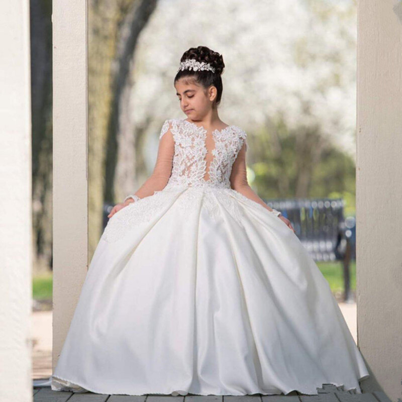 Elegante vestido branco de manga comprida oco, até o chão, vestidos florais para casamento, primeira comunhão, 2 a 14 anos