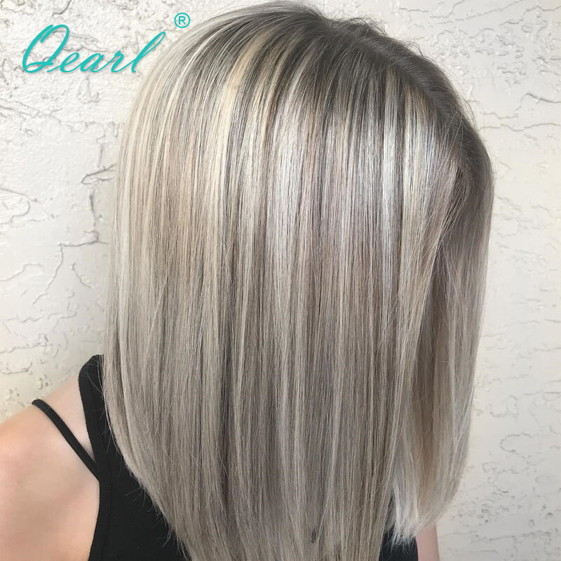 Qearl-Peluca de cabello humano para mujer, postizo de encaje Frontal transparente HD, 13x4, pelo virgen liso, rubio ceniza, reflejos grises claros
