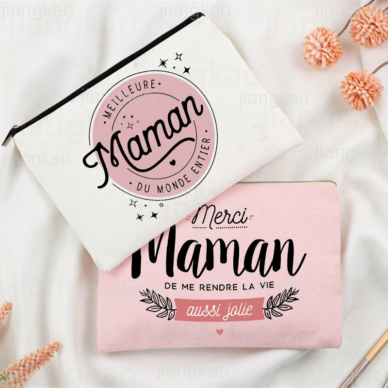 Best Mom In The World French Print Women Cosmetic Bag Travel Makeup Case Toiletry Storage Bags Festive Birthday Gift for Momther