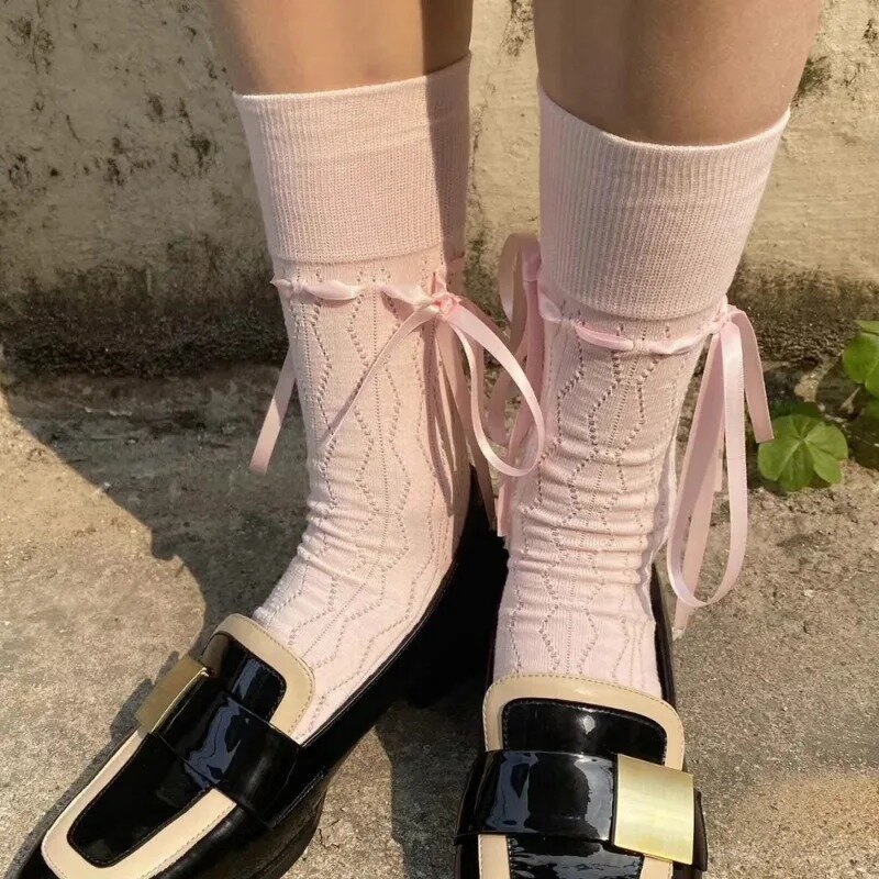 Sweet Bowknot Ribbon Socks for Girls Hollow Summer Breathable JK Ballet Japanese Style Women Fashion Middle Tube Stockings