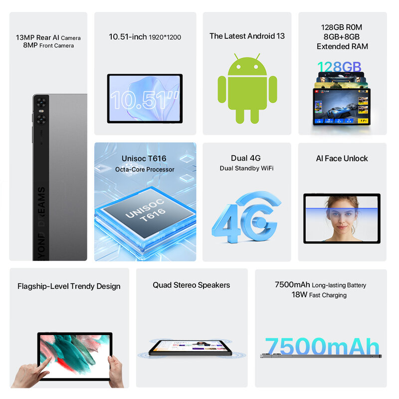 Умный планшет UMIDIGI A13 Tab, Android 13, 8 ГБ + 128 ГБ, 10,51 дюйма, FHD + дисплей 7500 дюйма, Стандартная батарея, сотовый телефон Unisoc T616