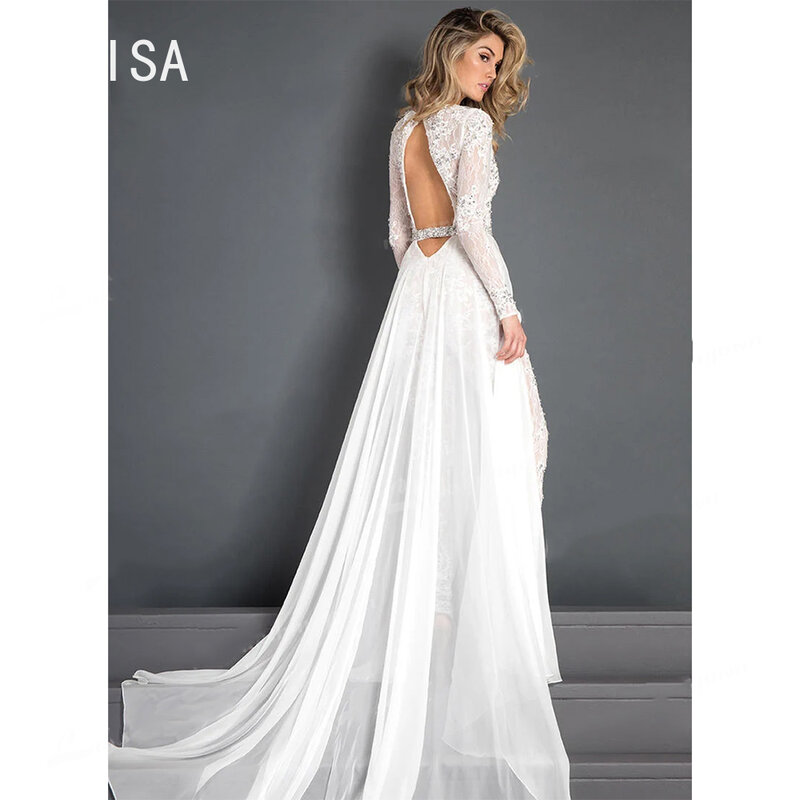 2024 кружевное шифоновое свадебное платье на молнии, комбинезоны с нарукавником, сдержанный V-образный вырез, длинный рукав, пояс с бусинами, Пляжное повседневное свадебное платье