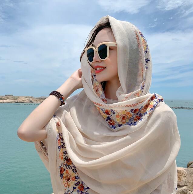 Travel Shawl Womens Cotton linen Embroidery Beach towel Sunscreen summer Thin scarf