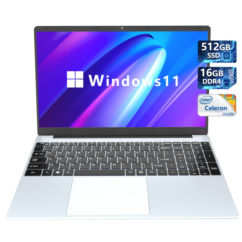 Windows 11 Pro Intel Celeron N5095, 15.6 pouces, 16 Go de RAM, 512 Go de SSD, système avec lecteur d'empreintes digitales, WiFi, Bluetooth, caméra Office 365