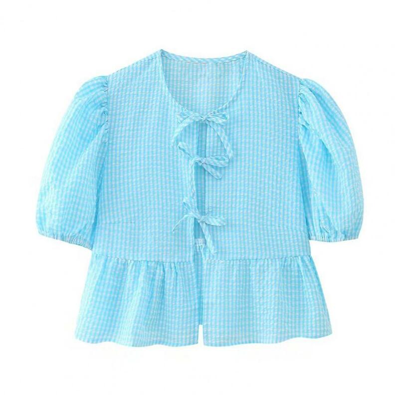 Camisa xadrez feminina plissado bainha, cardigã de verão, design de cinta, elegante, moda para frente