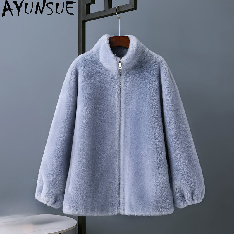 AYUNSUE New Sheep Shearing Jacket for Women 2023 Autumn Winter 100% Wool Coats Casual Loose Fur Coat Standing Collar Abrigos
