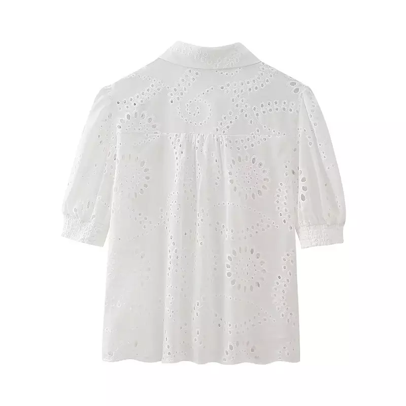 Women New Fashion Embroidery design Cropped Lapel Casual Blouses Vintage Puff Sleeve Button-up Female Shirts Chic Tops