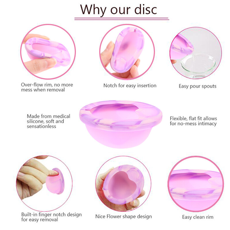 Disco menstrual de silicone reutilizável para mulheres, Flat Fit Design, extra fino, Pull Tab, esterilização, 1pc
