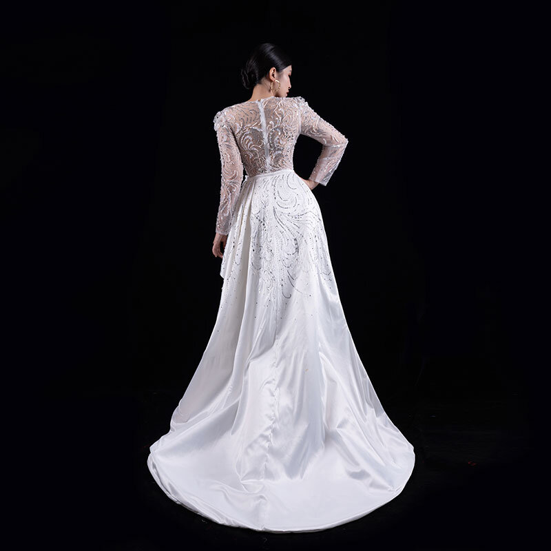Vestido de luxo com strass, conjunto de 2 peças, frisado pesado, Split removível, vestido longo, feito à mão, 583
