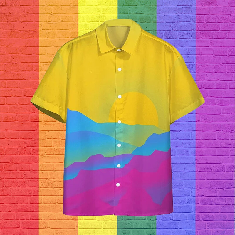 Camisas con estampado de arcoíris para hombre, Camisa hawaiana de manga corta, Harajuku, blusa con botones de solapa, ropa de playa