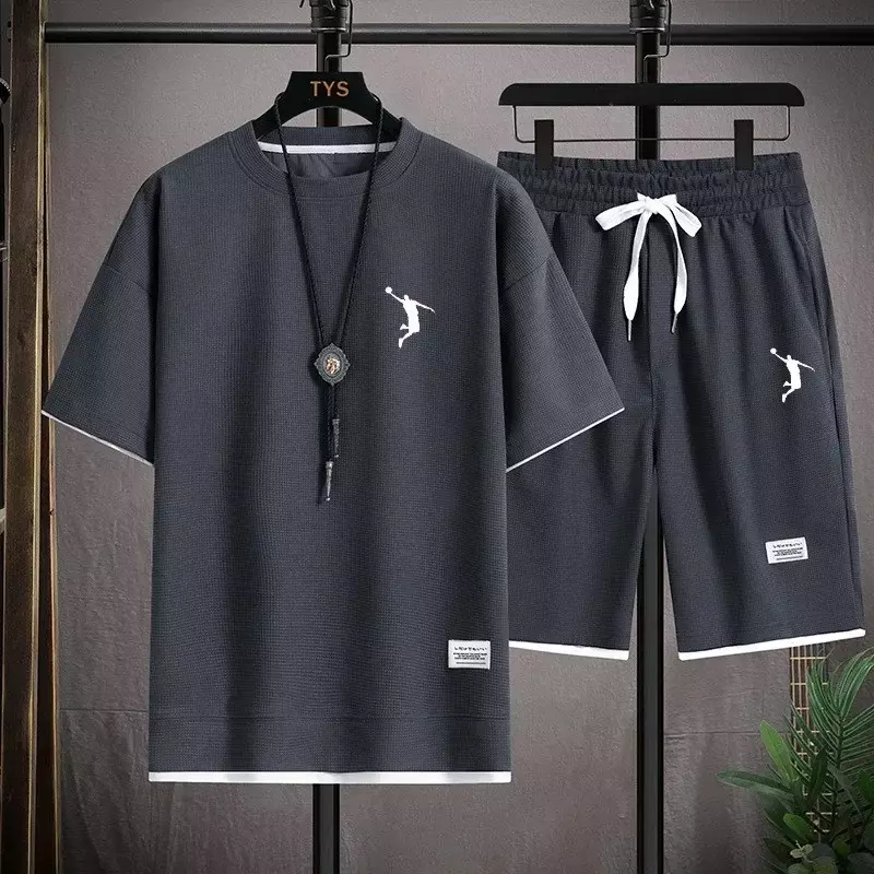 Shorts e camiseta de tecido de linho masculino agasalho 2 peças, conjuntos de roupas esportivas respiráveis, moda verão, novo, 2024