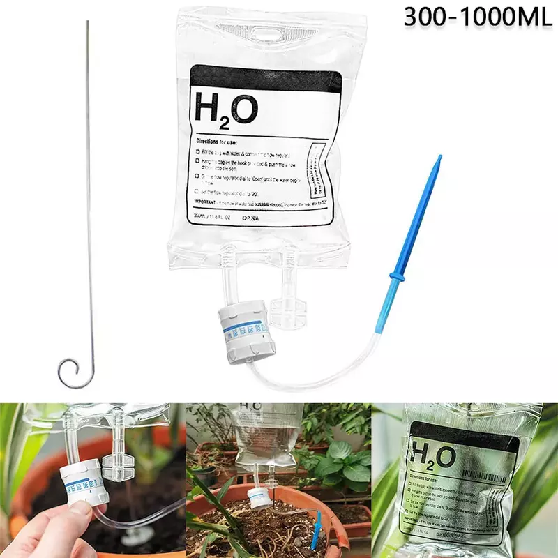 Bolsa de riego por goteo para plantas, dispositivos de autorriego con ganchos de Metal, velocidad de salida de agua ajustable, 350-1000ML