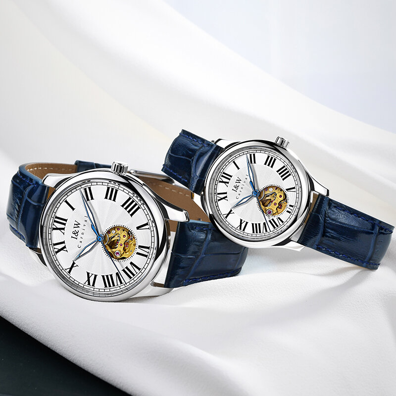 Merek karnaval IW jam tangan mekanik kekasih gerakan MIYOTA mewah untuk pria wanita jam tangan pasangan berongga safir kulit biru modis