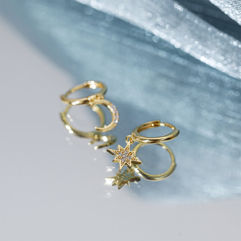 Orecchini pendenti a cerchio con croce piccola per donna Pendientes Mujer orecchini in argento Sterling 925 con stella di luna gioielli coreani