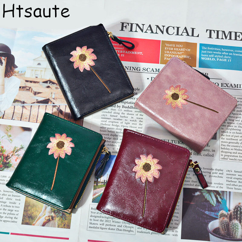 Einfarbig pu Brieftasche Blume gedruckt Geldbörse Clutch Tasche Temperament einfache Näh linie Münz geldbörse Mädchen Hasp Bolasa
