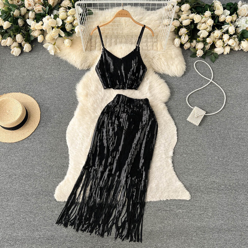 Sexy Sequined Women Sets V-neck Cropped Camisole+Tassels Skirts 2024 New Spring Summer Female Two-Piece Suits