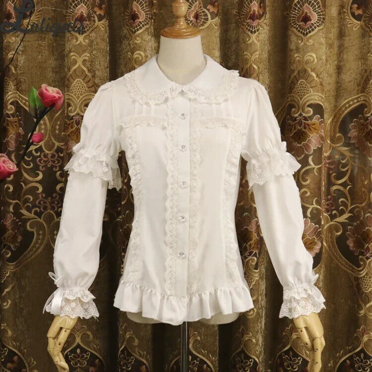 Blusa de gasa de manga corta para mujer, camisa con botones de Lolita blanca/negra, Mangas desmontables