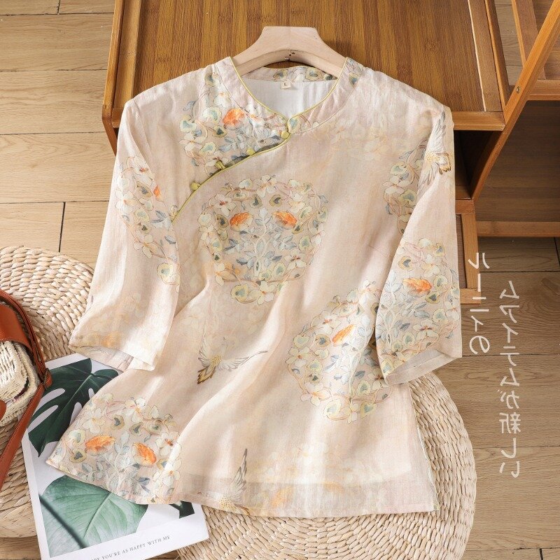 Camisa holgada china de algodón y cáñamo para mujer, Top bordado con cuello redondo, camisas pequeñas, ropa femenina, novedad de verano 2024