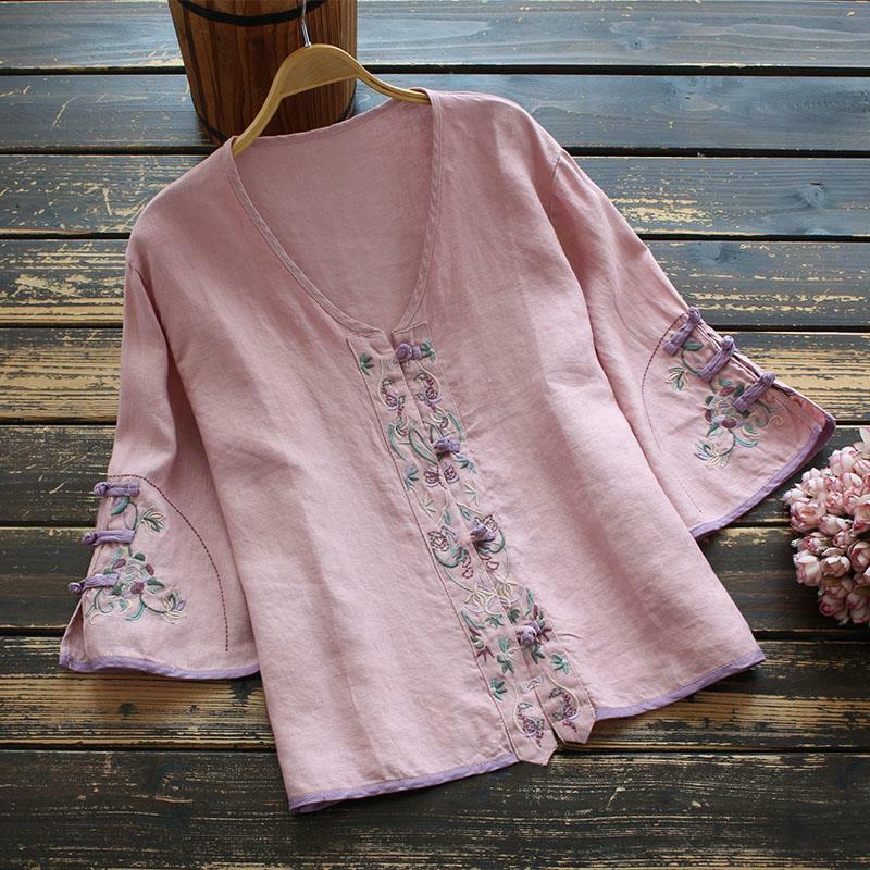 Odzież w stylu chińskim cienki Top w stylu Vintage komfort kobiet ubrania Cheongsam tradycyjna koszula haftowana bluzka Hanfu luźny T-shirt
