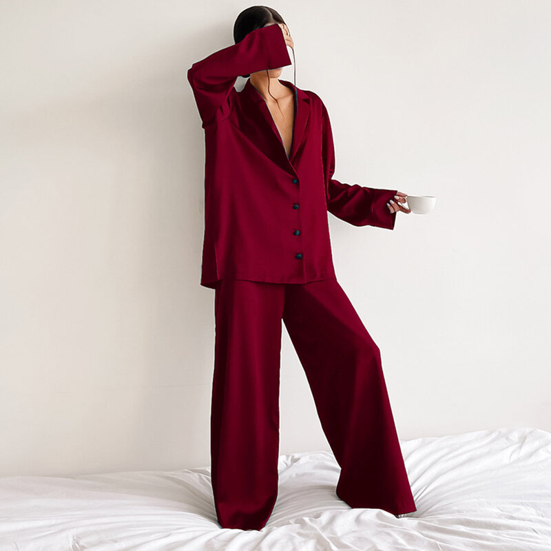 TXii Oversized Satin Silk Sleepwear Low Cut Sexy Pajamas For Women Single-Breasted Long Sleeves Wide Leg Pants Trouser Suits