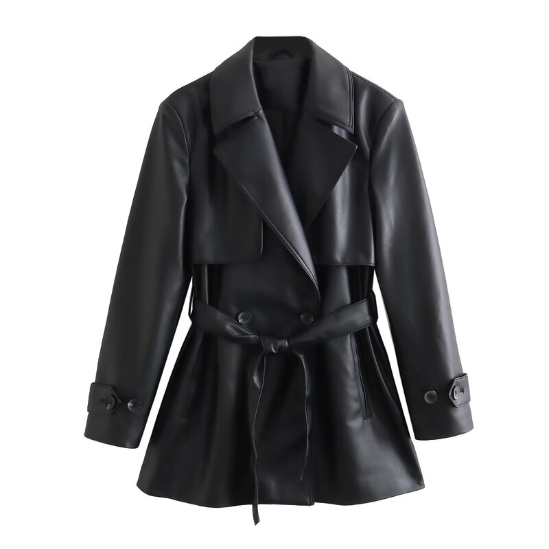 Gabardina de doble botonadura para mujer, abrigo negro de piel sintética con cinturón, manga larga Vintage, prendas de vestir exteriores elegantes, nueva moda