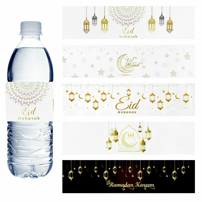 10/20Pcs Lebaran Botol Bungkus Kertas Stiker Ramadan Kareem Festival Perlengkapan Pesta Penutup Botol Air Lebaran Dekorasi