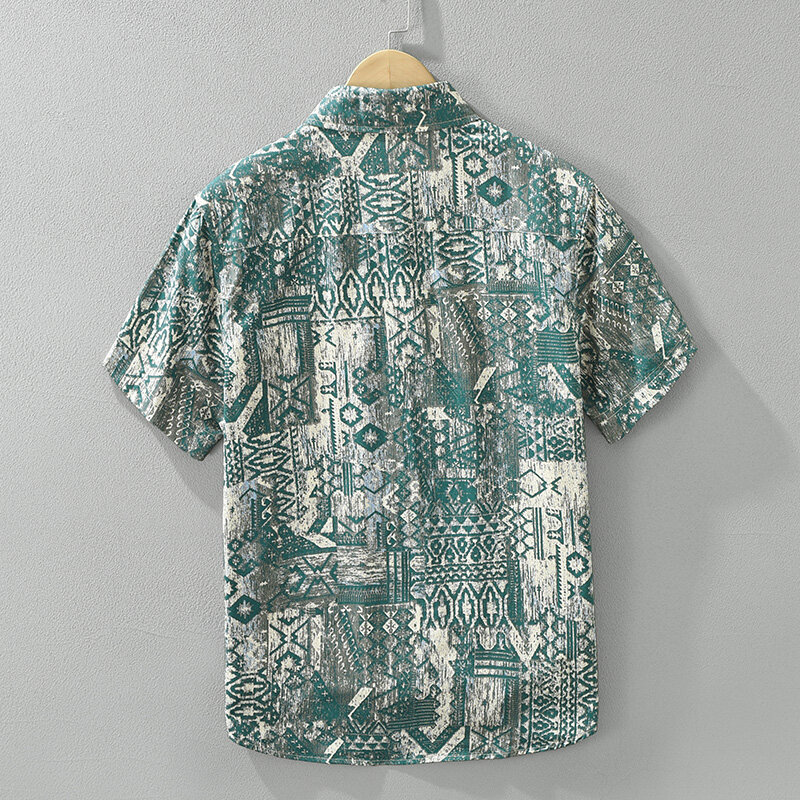 Cotton Casual Shirts for Men Fashion Print Short Sleeve Shirt Man Loose Large Size Button-up Shirt