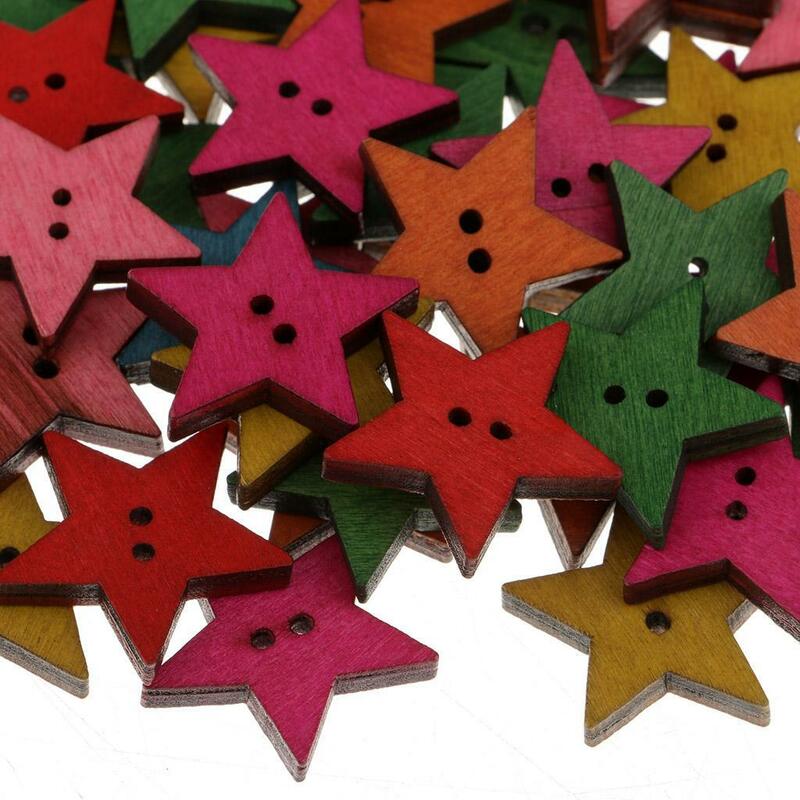 50 Pieces Mixed Star Shapes Wood Buttons 2 Holes for Scrapbooking Craft