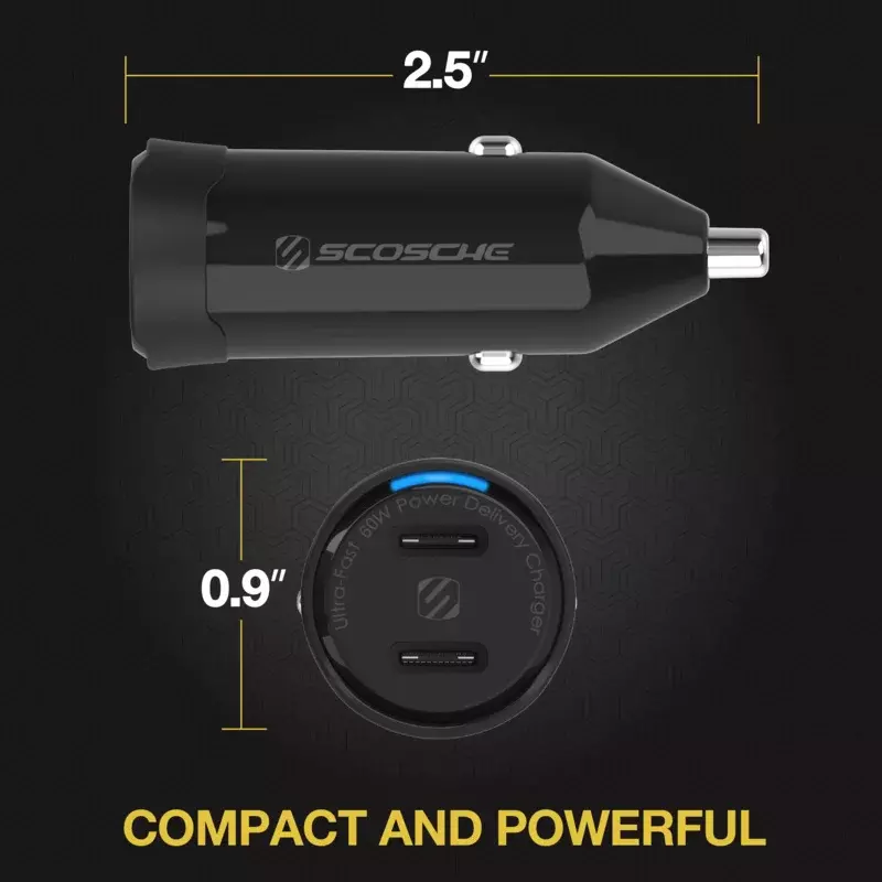 Scoste pengisi daya mobil USB-C ganda bersertifikasi PowerVolt CPDCC60-RP, 3.0 pengiriman daya Cepat 60W dengan PPS