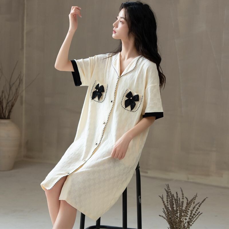 Пикантная ночная рубашка, женский кардиган с коротким рукавом, ночная рубашка большого размера 2024, летняя Пижама, Женская Повседневная Домашняя одежда средней длины с лацканами