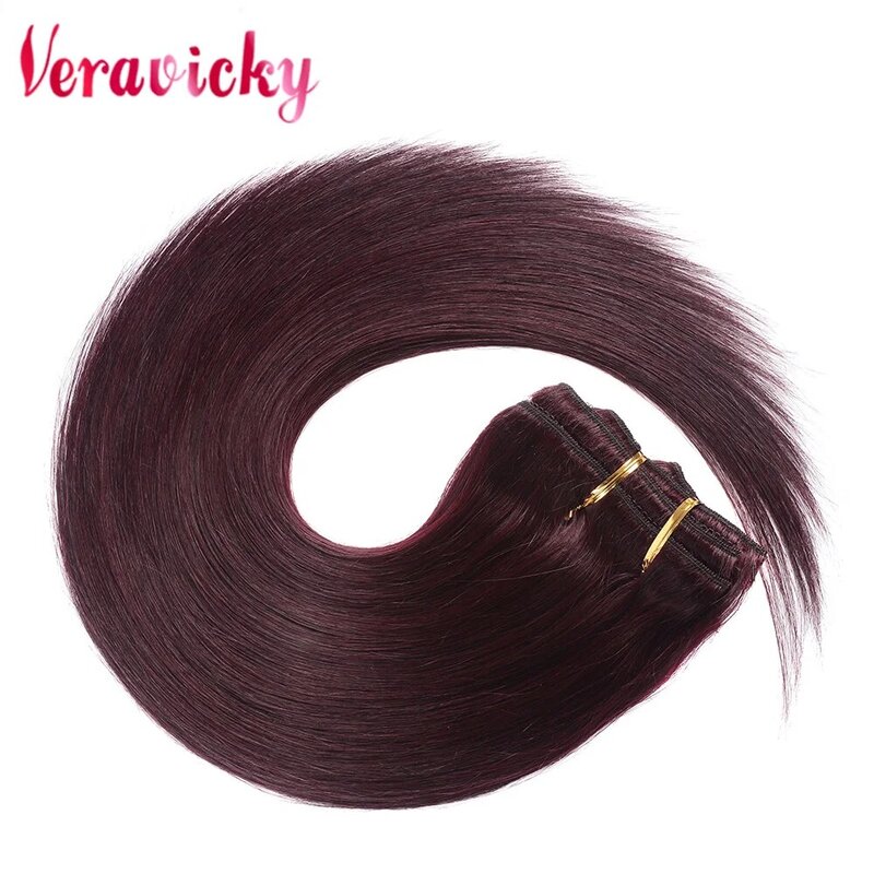 Veravicky 99j Bordeauxrode Kleur 16 "-22" Full Head Zachte Natuurlijke Haarverlenging Clips Dubbele Inslag 100% Menselijk Haar Voor Vrouwen Haarstuk