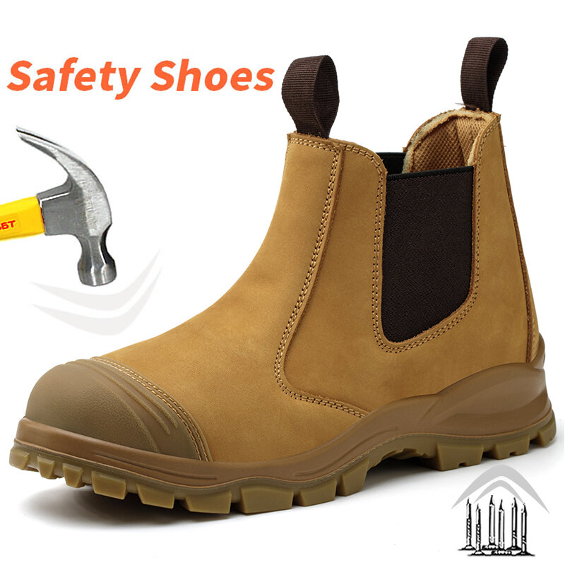 Genuine Leather Work Safety Boots For Chelsea Boots Men Shoes steel toe cap Protective Boots Cowhide Indestructible welding