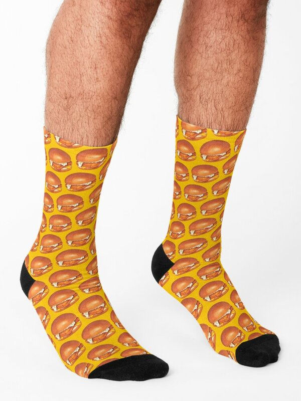 Homens e mulheres peixe sanduíche padrão meias, bonito meias esportivas, amarelo, meias de tênis