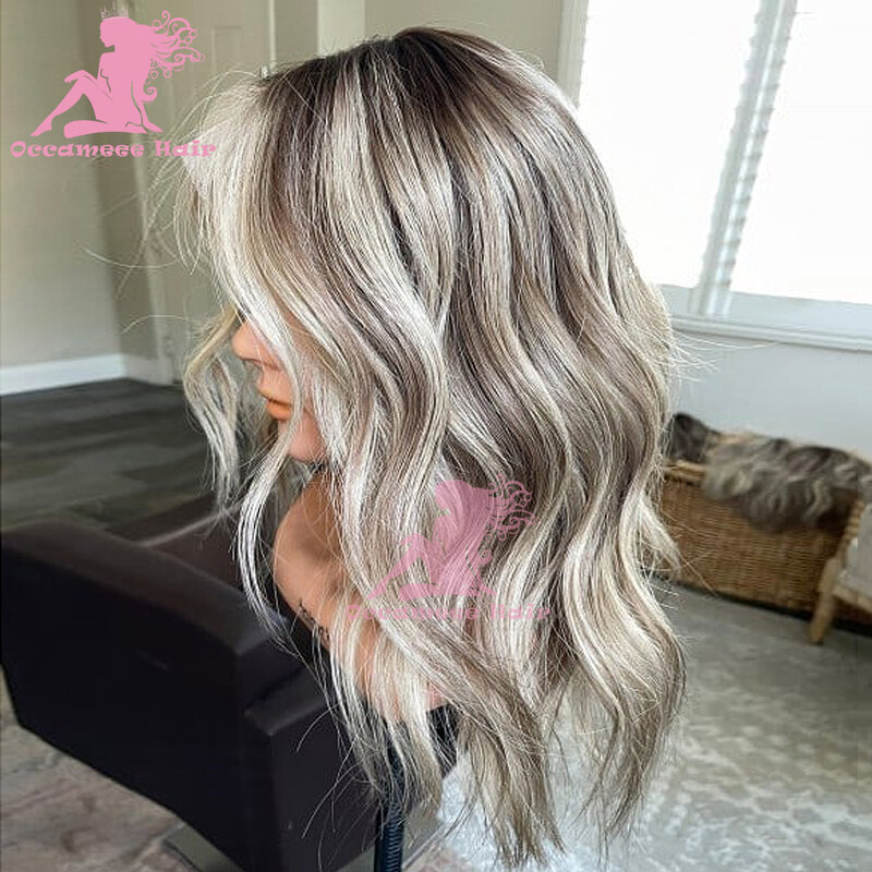 Full Lace Frontal Transparente Swiss Lace Wig, Glueless Highlight Perucas de cabelo humano, raízes escuras, Bleach Preplucked Blonde, Body Wave, 360