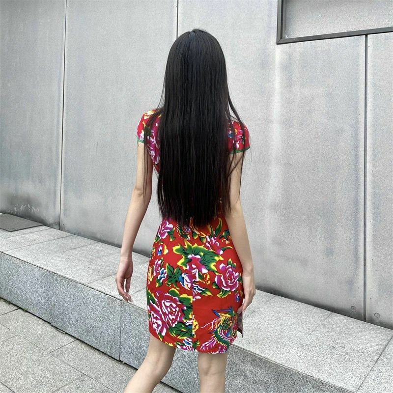 Женское платье-Ципао с цветочным принтом, 150 кг