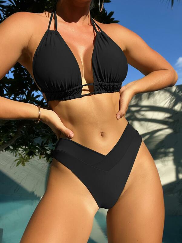 Bikini con cuello Halter para mujer, traje de baño de dos piezas con realce, estilo brasileño, ropa de playa, 2024