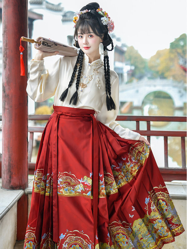 Dream Ming Dynasty Hanfu 여성 말 얼굴 스커트, 오리지널 코트 스커트, 국가 스타일, 짠 골드 스커트, 자수 셔츠, 중국산